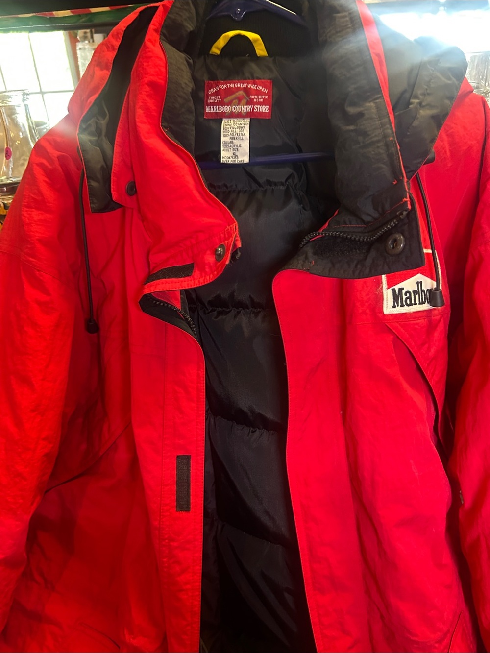 Marlboro Red Hooded Puffer Jacket with Black Lining